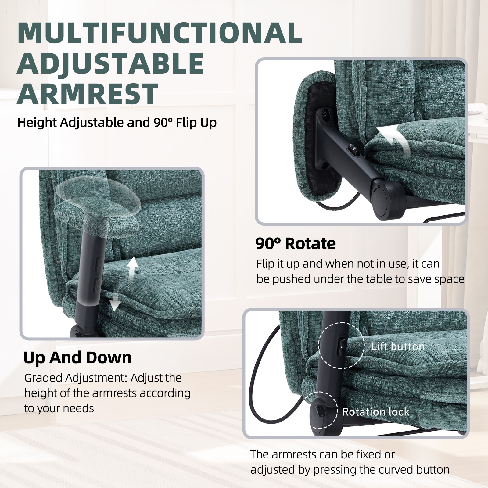 Criss Cross Chair With Wheels And Flip Arms, Upholstered Cross Legged Office Chair With 3 Layer Cushions&Dynamic Airbag Lumbar Support, Wide Seat Comfy Desk Chair For Home Office, Living Room, Green_maomaolike.com